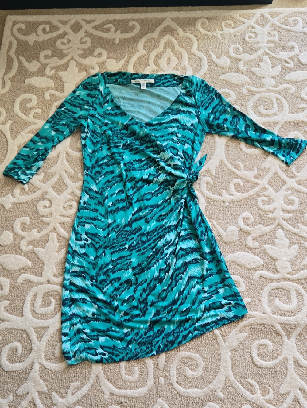 Diane Von Furstenberg Teal Patterned Long Sleeve Wrap Dress
